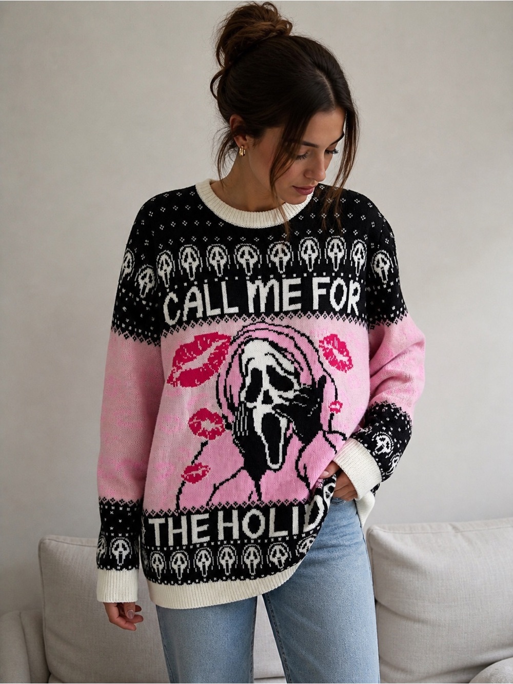 Ghostface Scream Graphic Knit Sweater Pink Black Horror Medium Christmas Girly